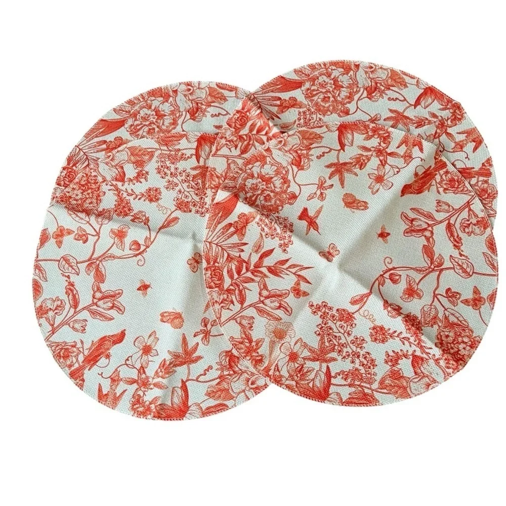 NWT Round Red Hydrangea Flowers Branches Chinoiserie Spring Placemats Set 4,14in